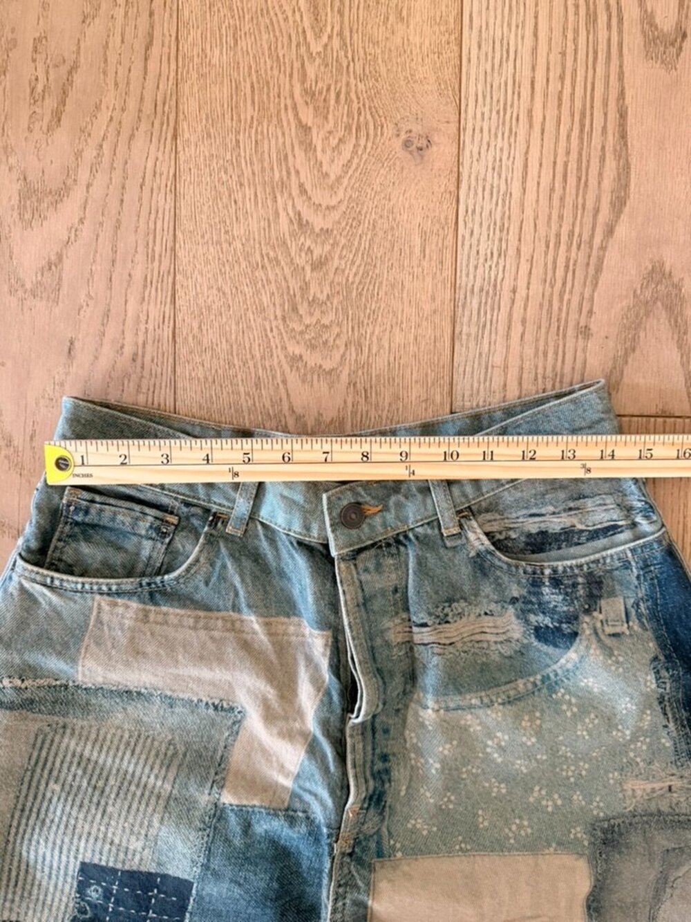 Free People Mixed Denim Patchwork Wide-Leg Jeans in Blue and Cream - Picture 5 of 7